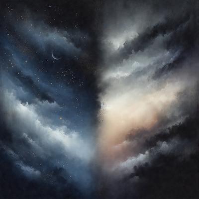 The primary subject of the image is a painting of a night sky with clouds. The setting is a dark, cloudy night, and the visual style is a painting, which gives the image a more artistic and creative appearance. The dominant colors in the painting are shades of blue and gray, which contribute to the overall mood of the scene.